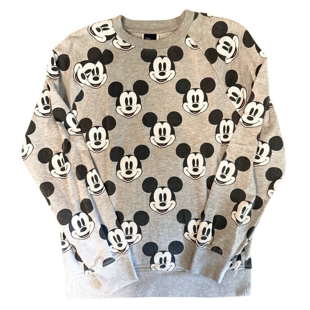 Disney Mickey Mouse All Over Print Sweatshirt Gray Raglan Pullover S Graphic